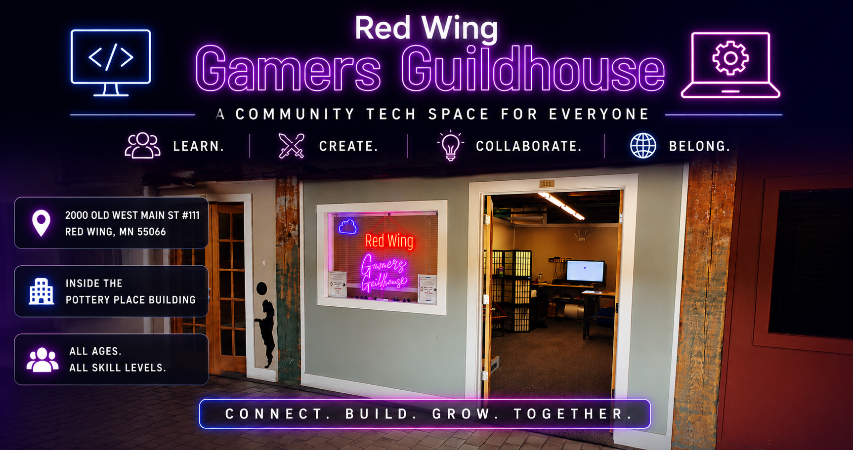 Red Wing Gamers Guildhouse storefront at 2000 Old West Main St #111 in Red Wing, Minnesota